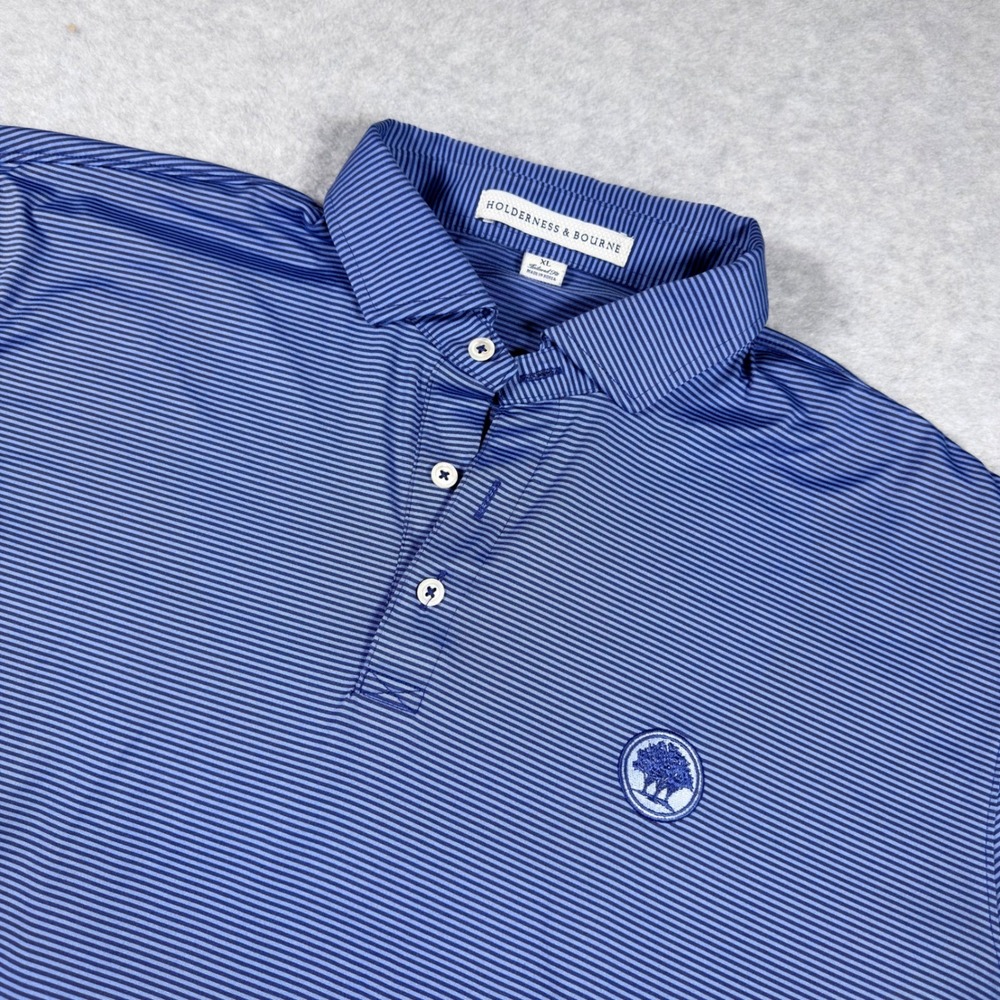 Holderness & Bourne Polo Shirt Mens XL Blue Striped Tailored Fit Golf